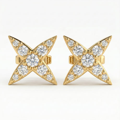 Side profile of diamond star stud earrings featuring secure post backing and polished fine jewelry finish