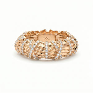  Top view of diamond pavé crossover ring featuring intricate interwoven gold bands and brilliant diamond accents