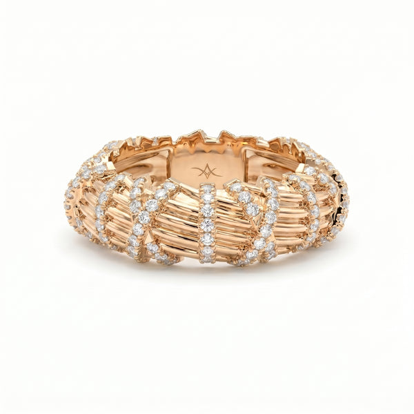  Top view of diamond pavé crossover ring featuring intricate interwoven gold bands and brilliant diamond accents