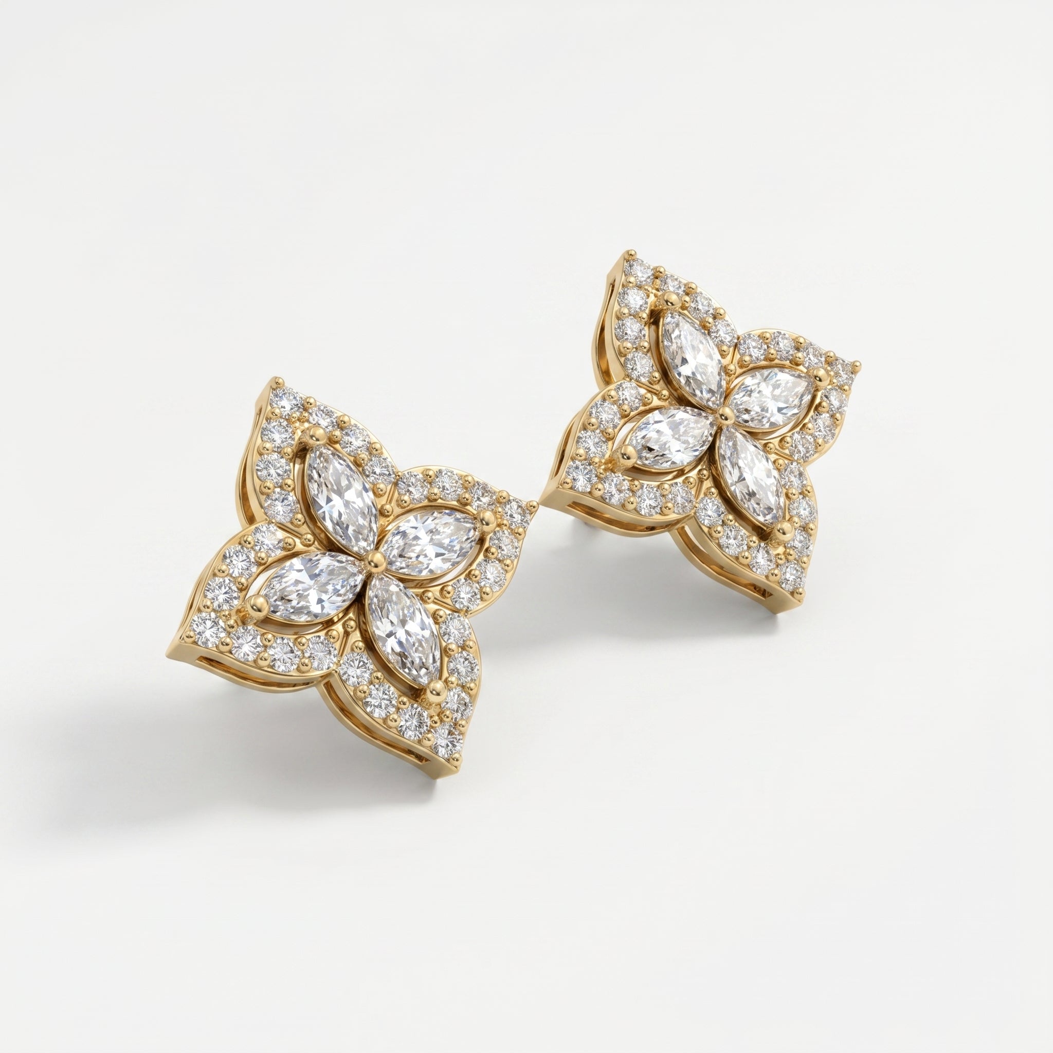 Side profile of floral diamond earrings highlighting luxury craftsmanship and secure stud setting
