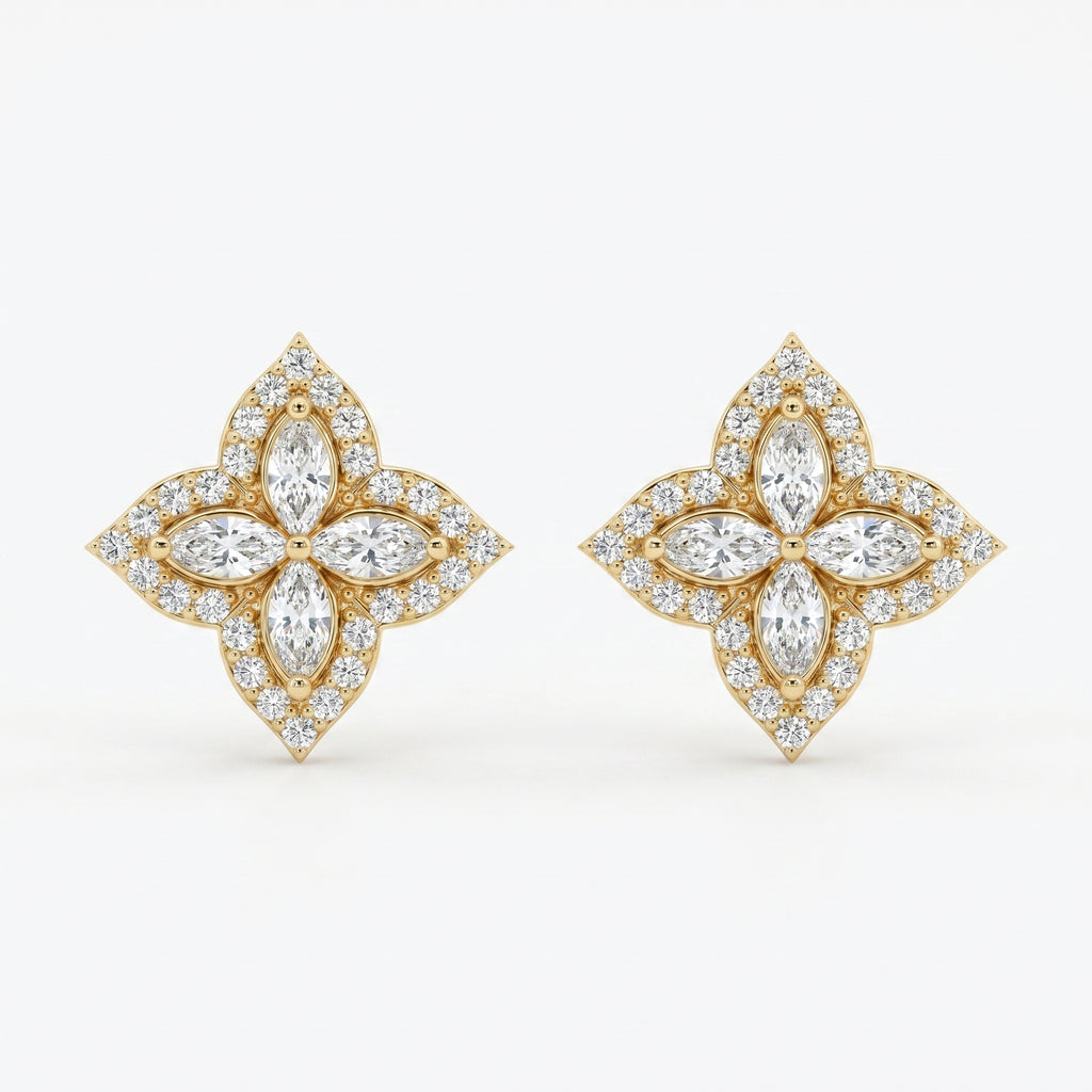 Luxury floral diamond stud earrings in Yellow gold with marquise stones and pavé halo on white background
