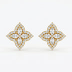 Luxury floral diamond stud earrings in Yellow gold with marquise stones and pavé halo on white background