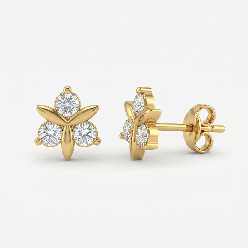 Woman wearing Yellow gold floral stud earrings with sparkling stones in elegant minimalist lifestyle setting