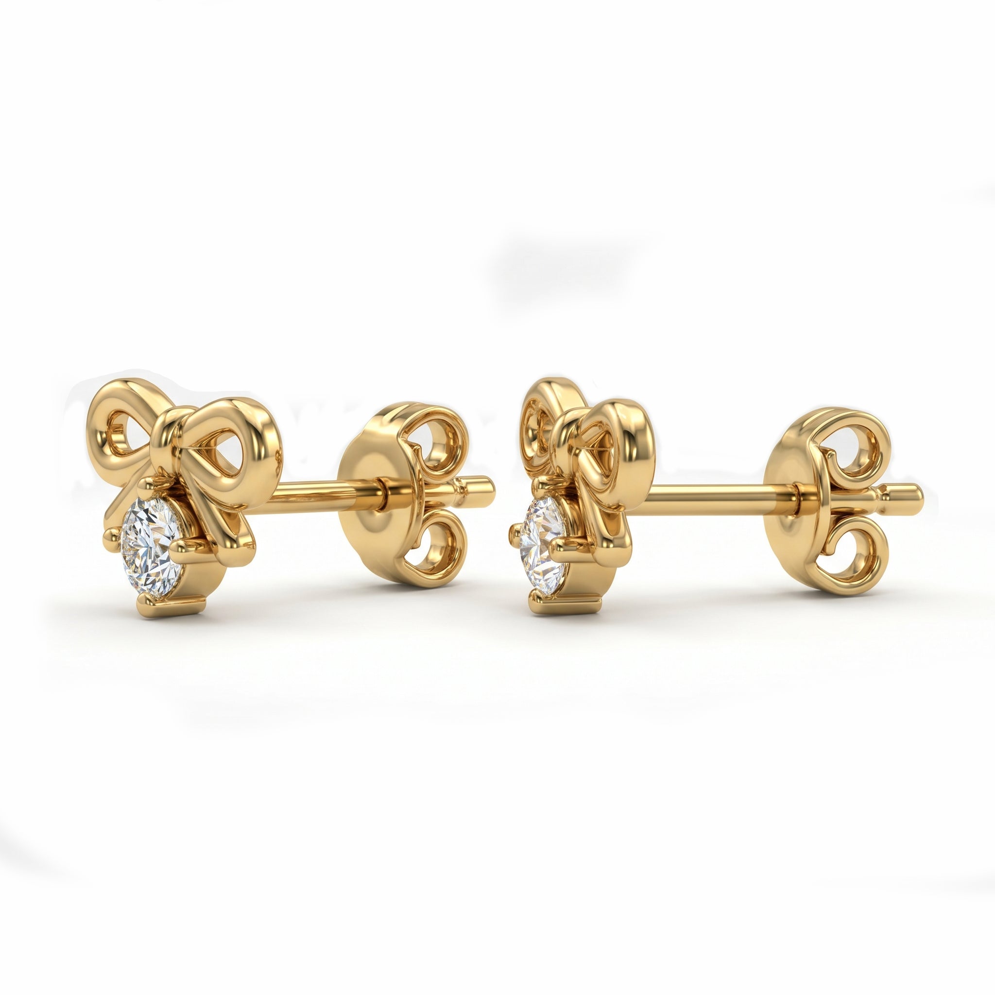 Luxury yellow gold bow diamond stud earrings with brilliant-cut stones on a clean white background