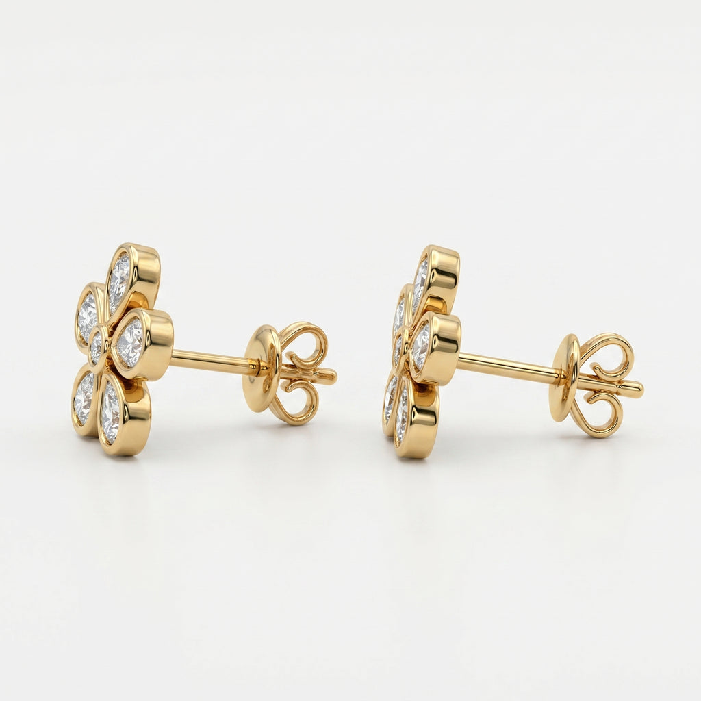 Side profile of yellow gold flower diamond stud earrings with secure butterfly backing and bezel settings