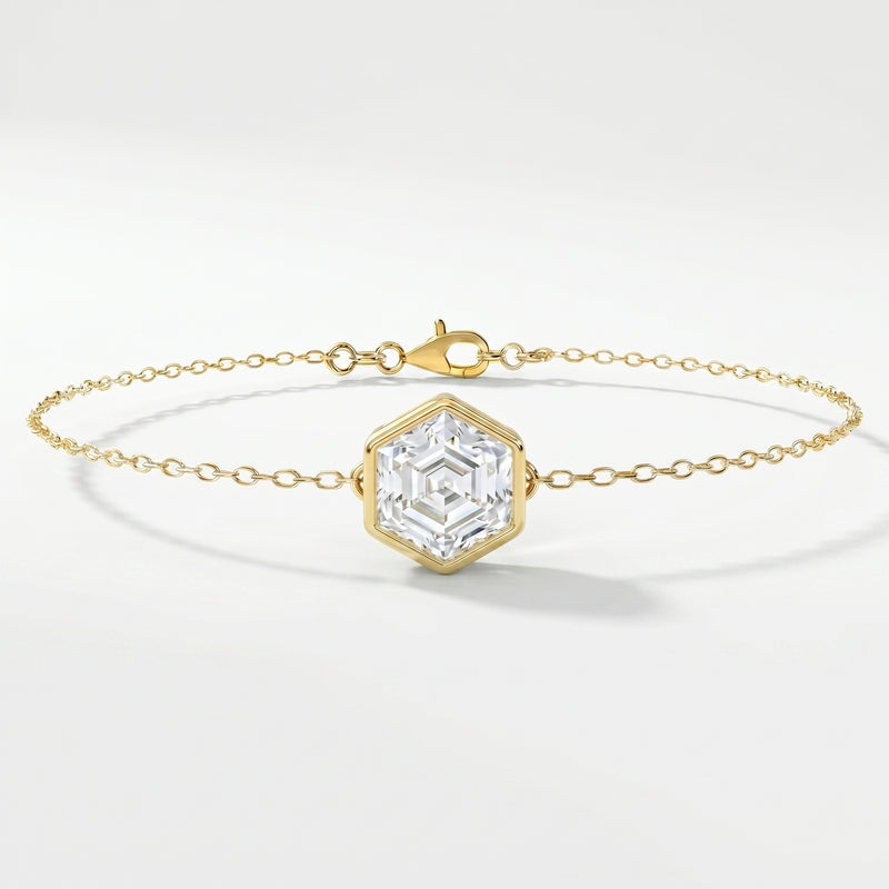 Minimalist gold bracelet with hexagon crystal gemstone in bezel setting on delicate chain jewelry