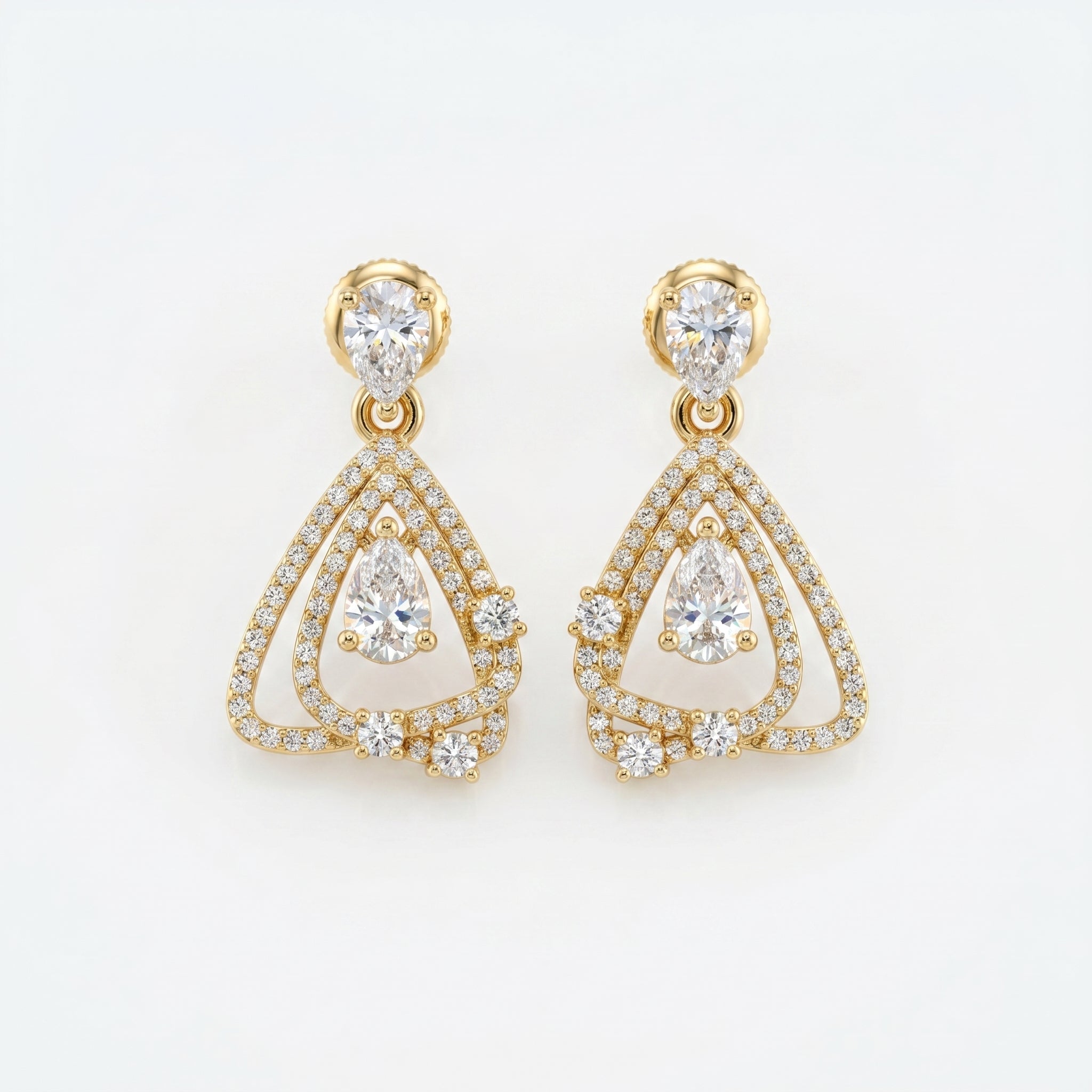 Luxury yellow gold pear drop diamond earrings with pavé detailing and geometric open-frame design on white background