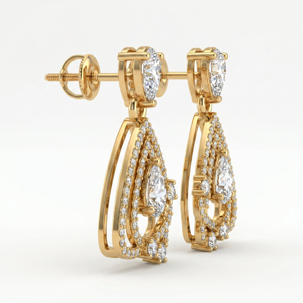 Side view of yellow gold pear diamond drop earrings showing secure setting and detailed pavé workmanship
