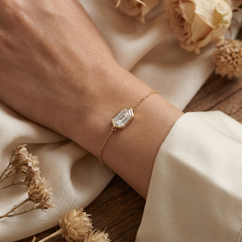 Close-up detail of hexagon cut diamond bracelet showing bezel craftsmanship and sparkling gemstone facets