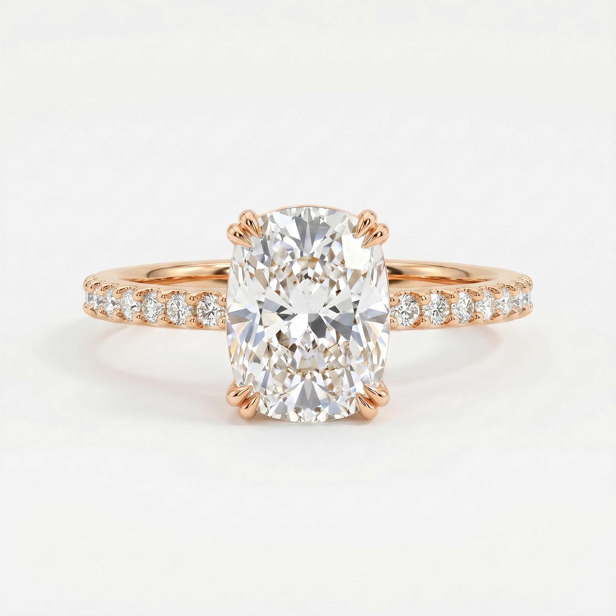 Cushion Cut Diamond  Pave Side Stone Engagement  Ring
