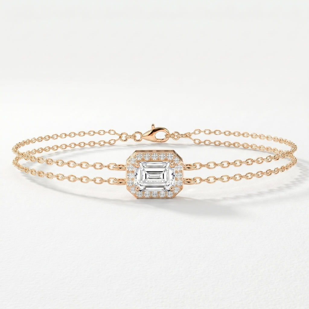 Diamond Bracelet Chain with Emerald Cut Halo Center – Double Chain Elegant Design