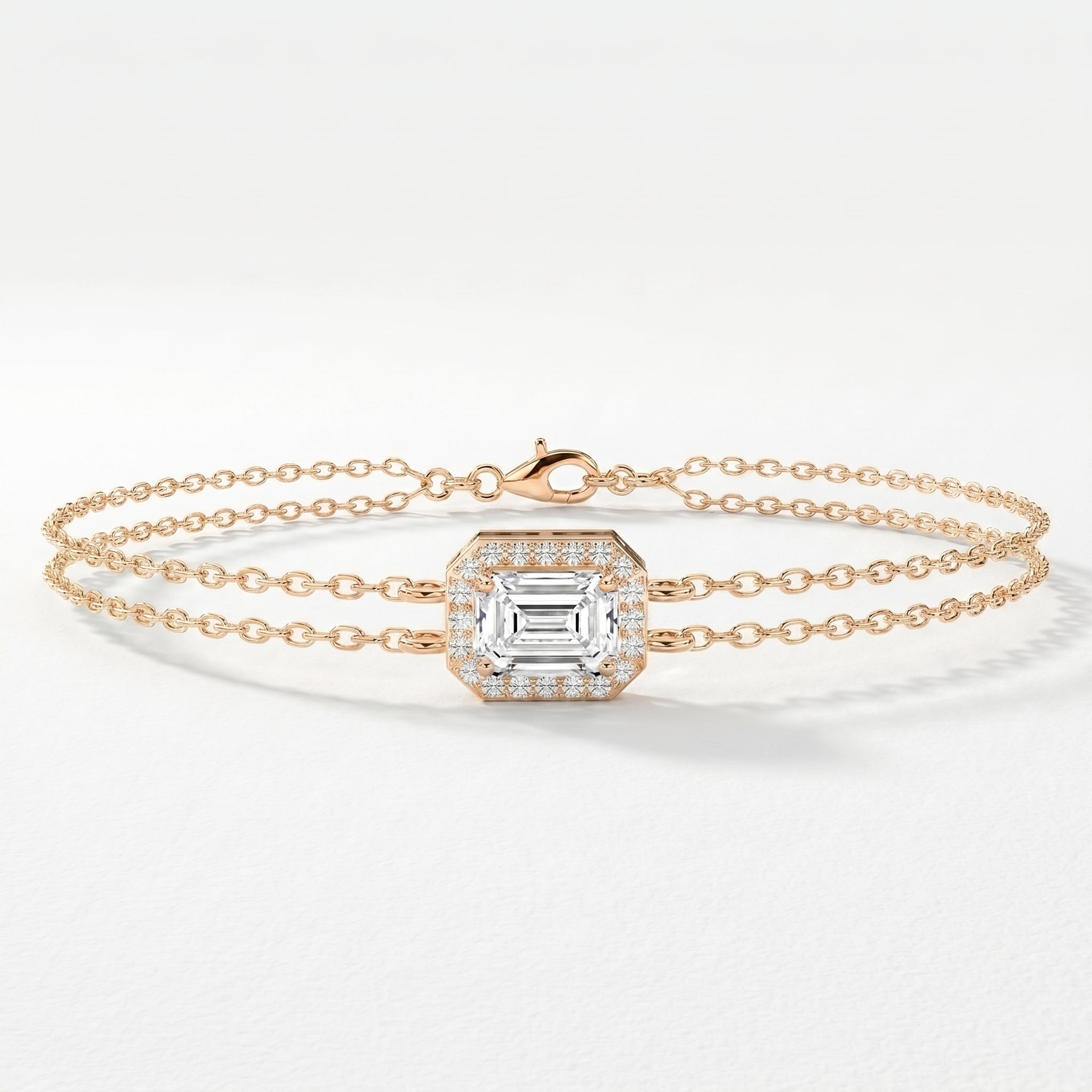 Diamond Bracelet Chain with Emerald Cut Halo Center – Double Chain Elegant Design