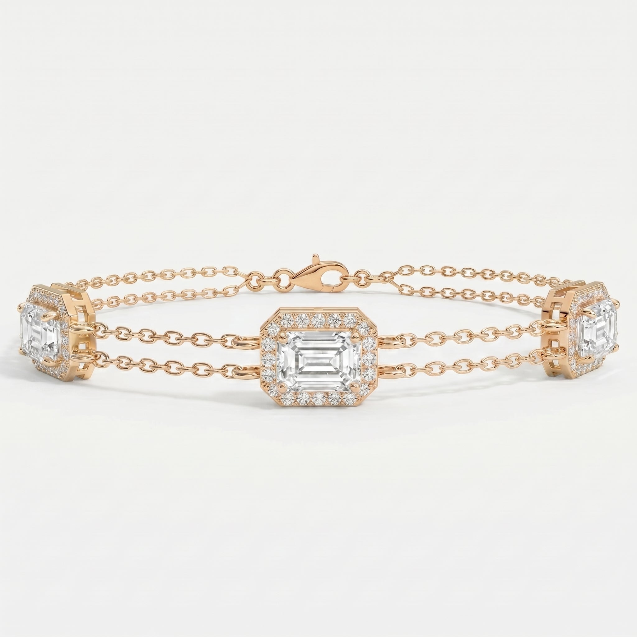 Emerald Cut Diamond Halo Double Chain Statement Design Bracelet