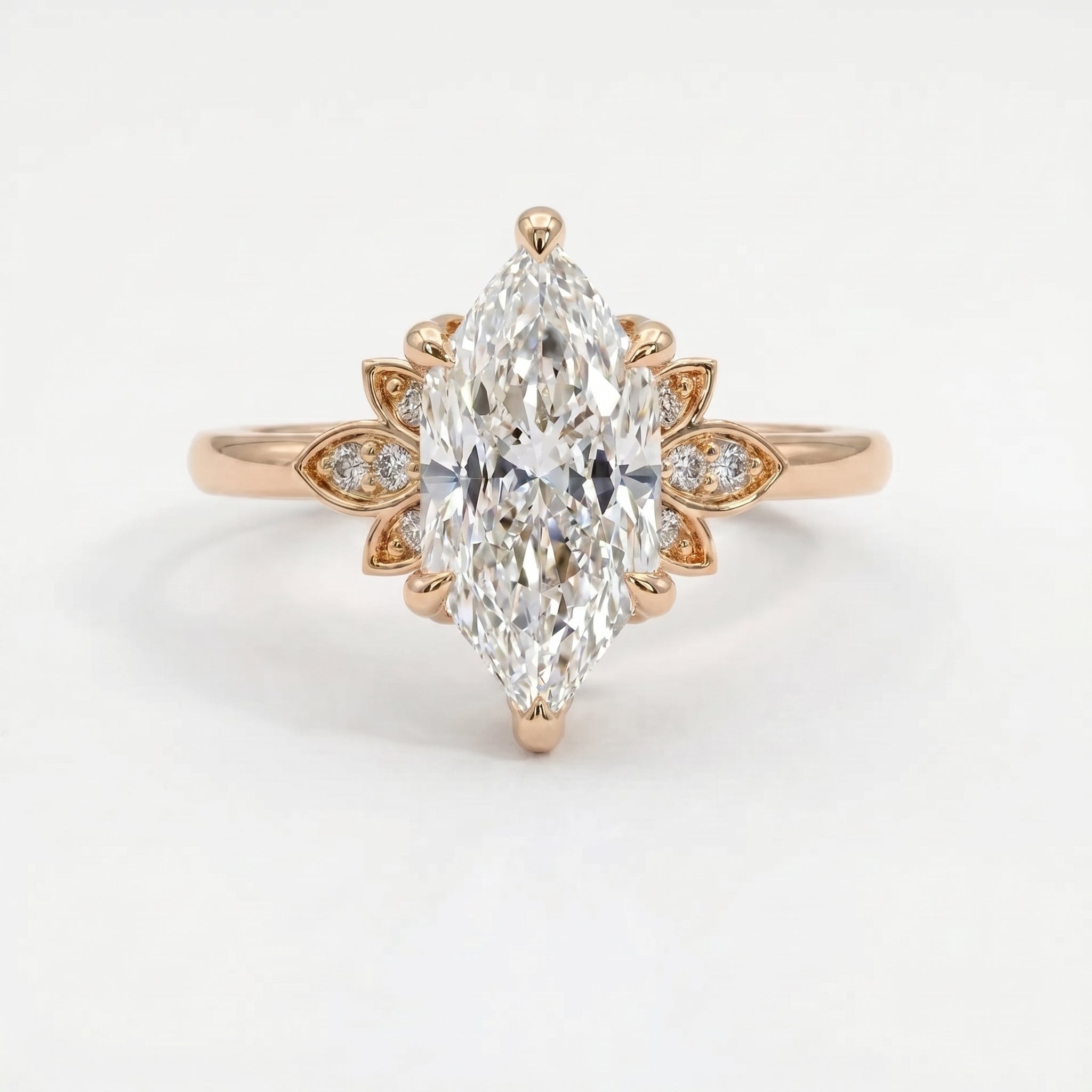 Dutch Marquise Cut Lab Diamond Floral Side Cluster Design Engagement Ring