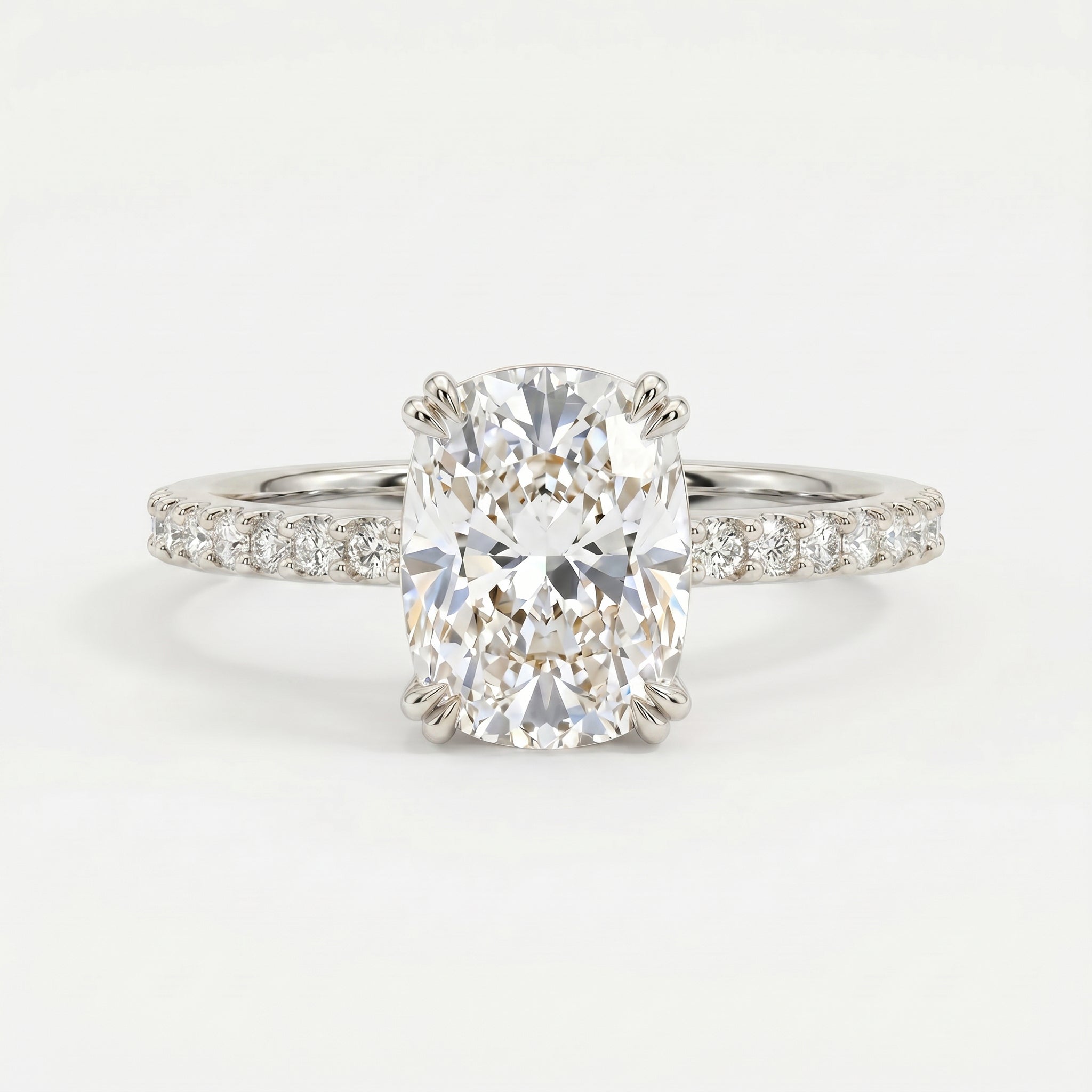 Cushion Cut Diamond  Pave Side Stone Engagement  Ring