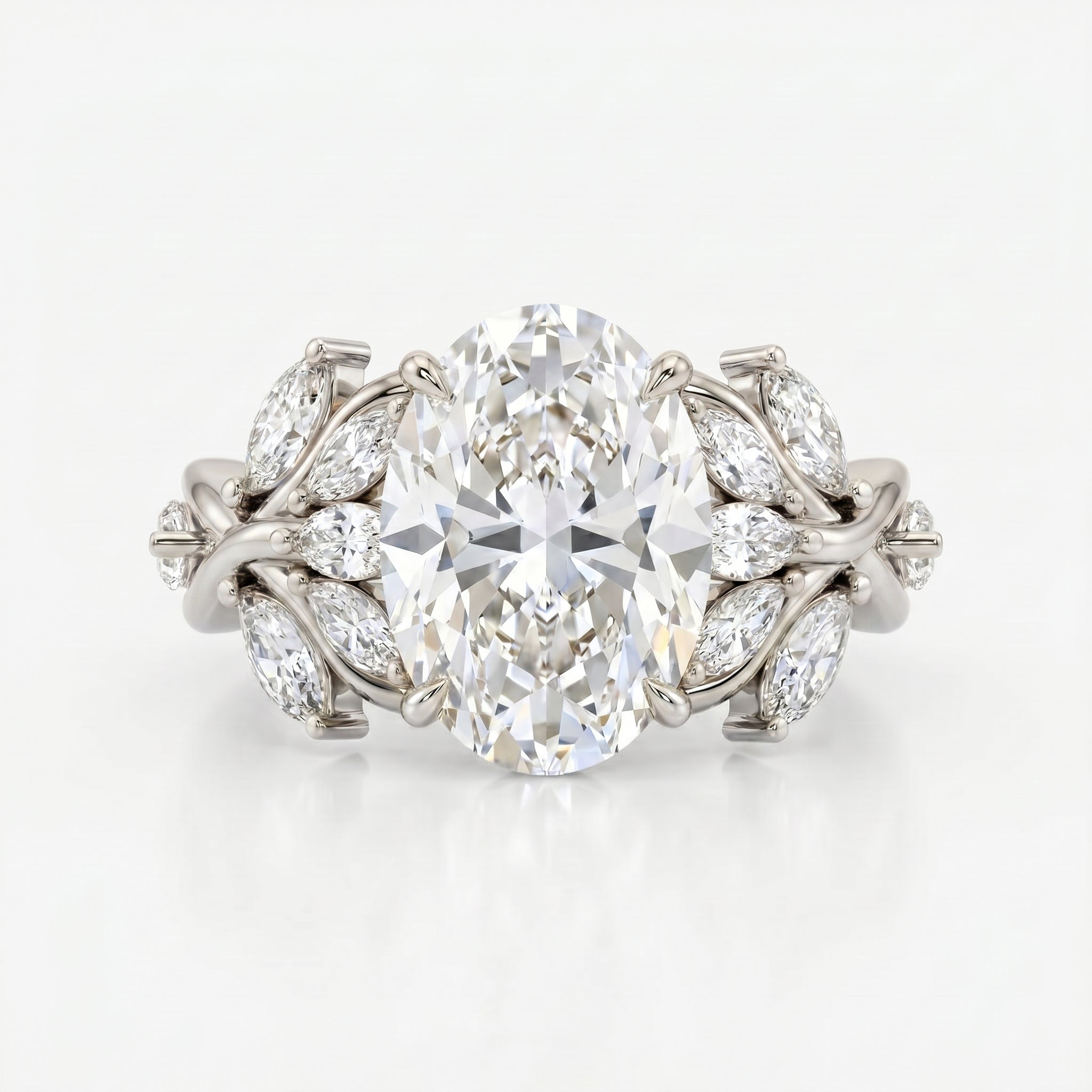 Oval Diamond Engagement Ring Nature Inspired Marquise Leaf Side Stone Ring