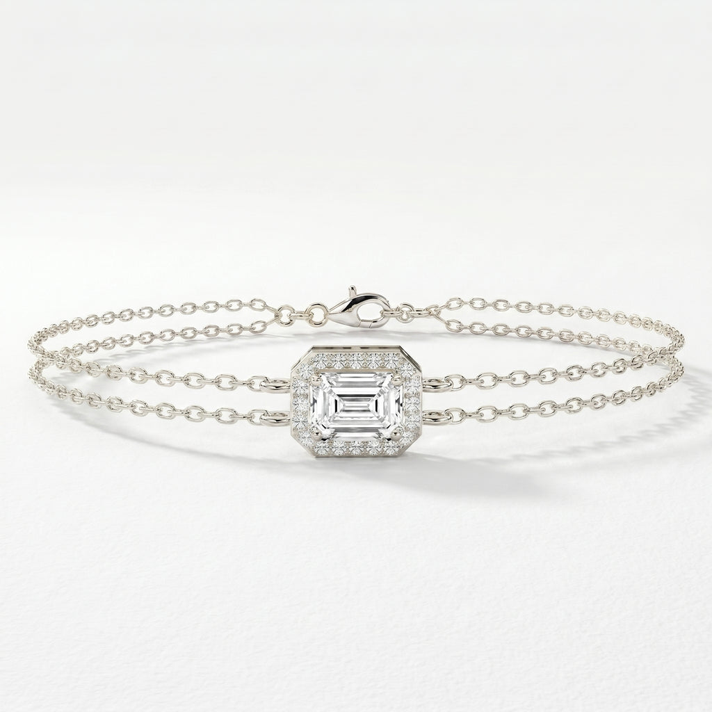 Diamond Bracelet Chain with Emerald Cut Halo Center – Double Chain Elegant Design