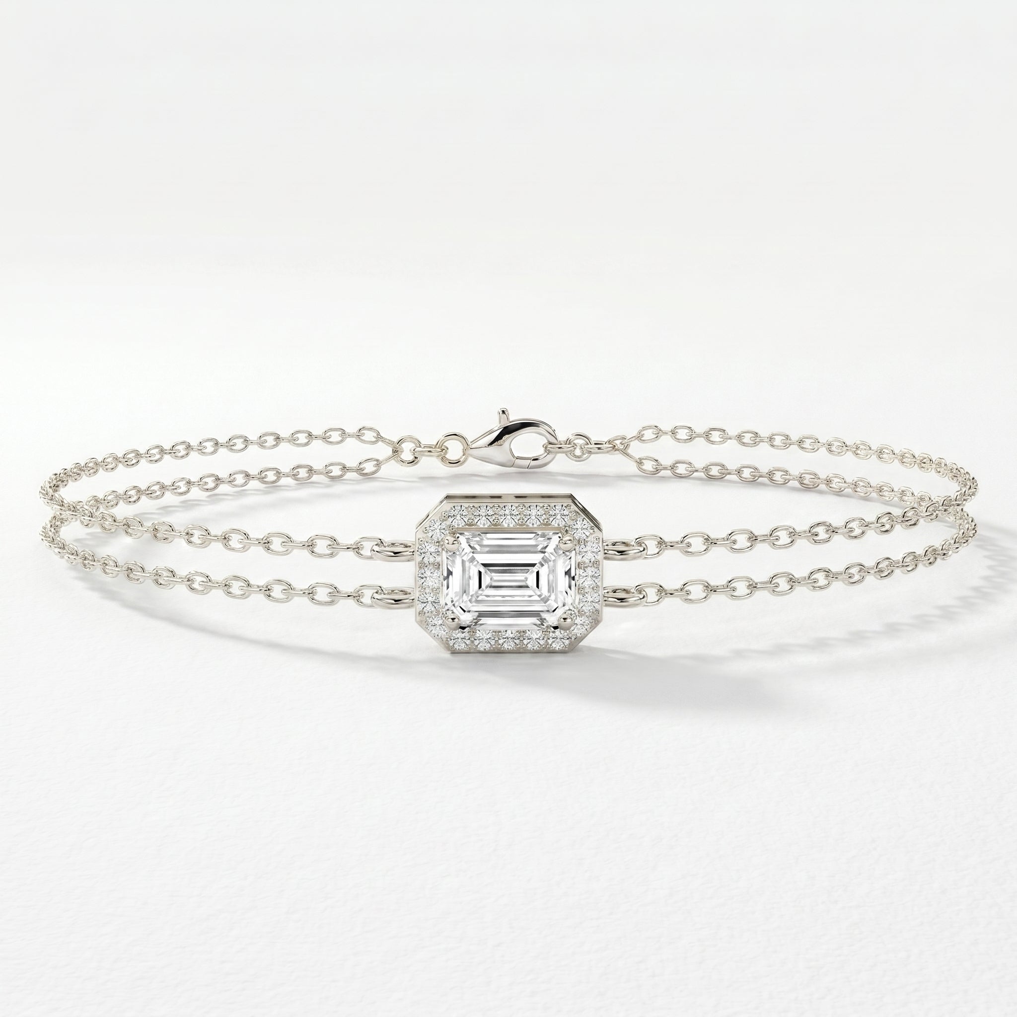 Diamond Bracelet Chain with Emerald Cut Halo Center – Double Chain Elegant Design