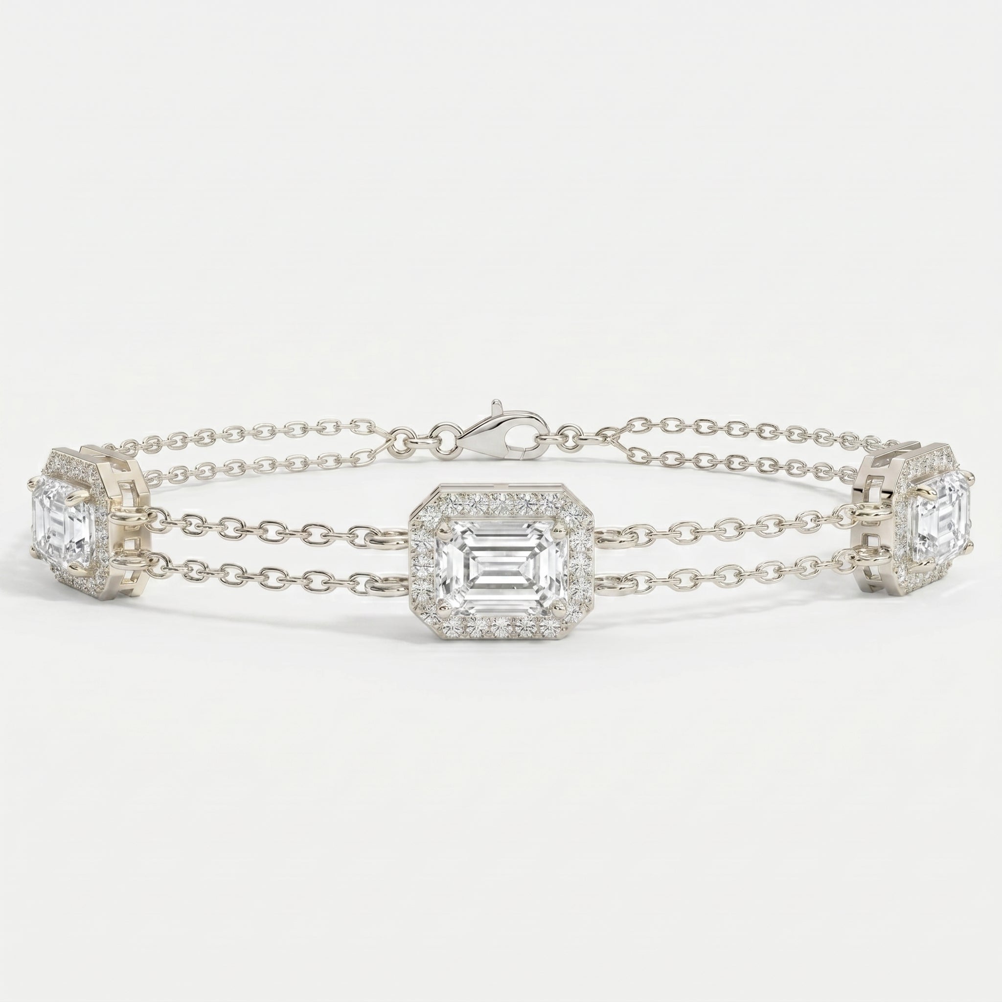 Emerald Cut Diamond Halo Double Chain Statement Design Bracelet