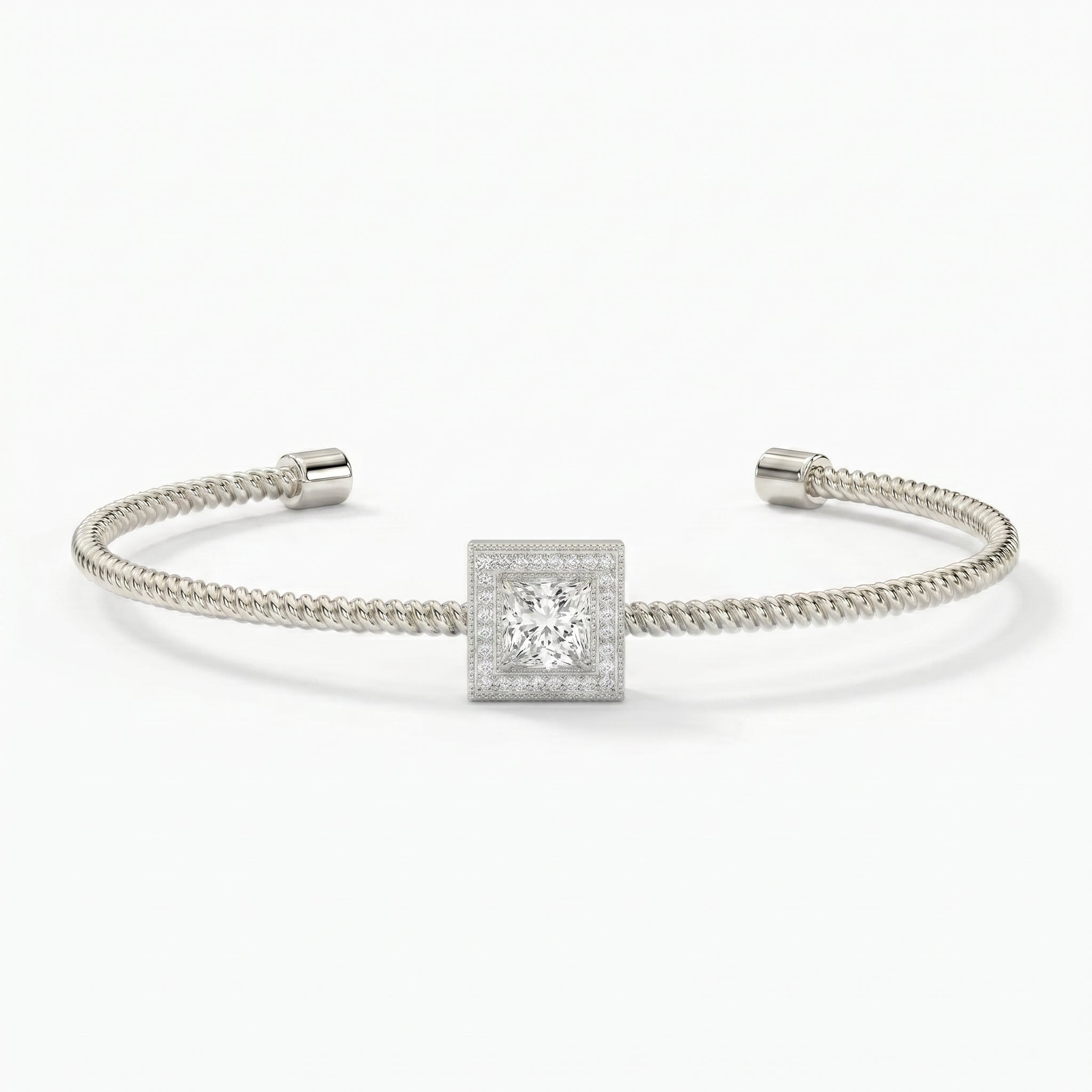 Luxury Cuff Bracelet with Square Halo Centerpiece – Princess Cut Diamond