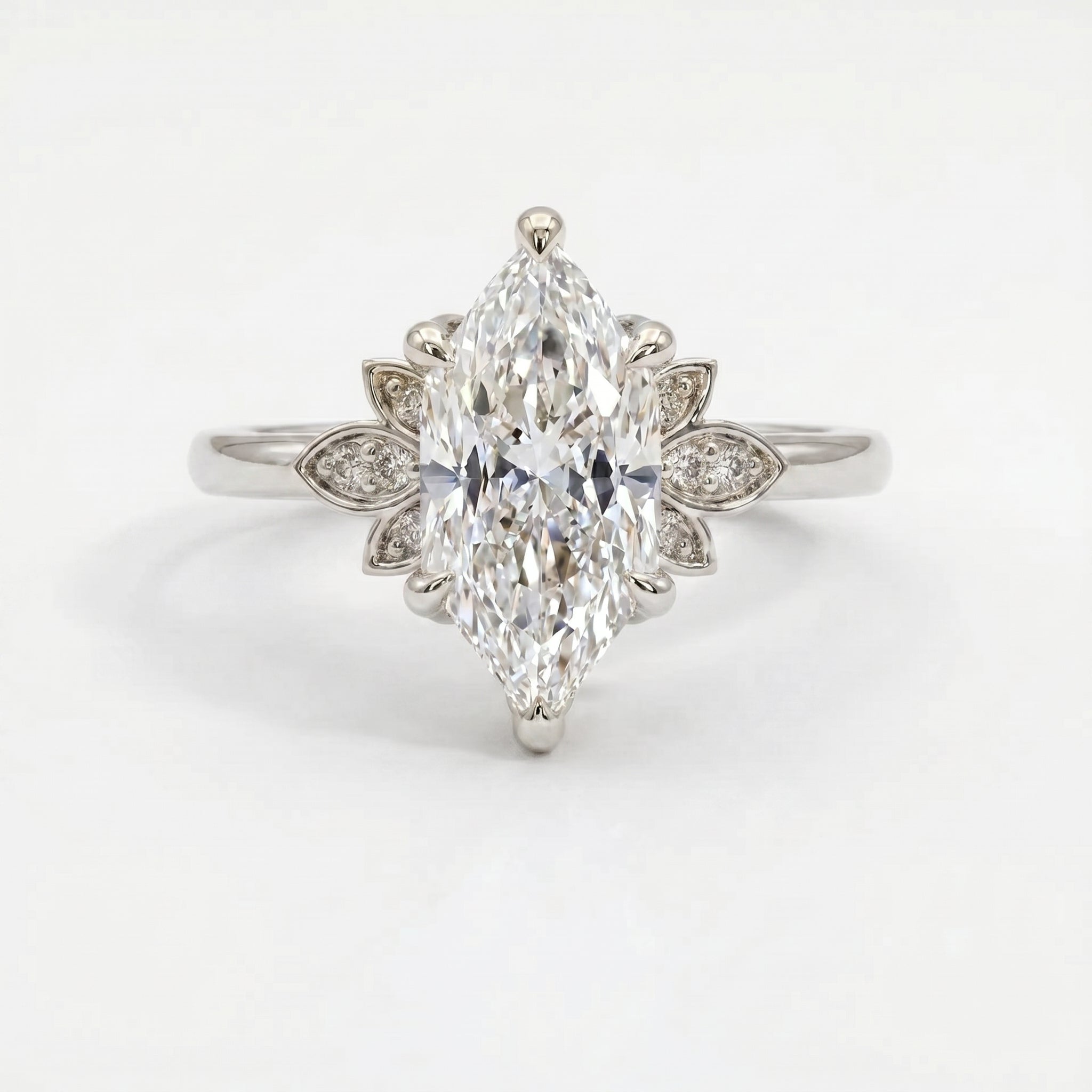 Dutch Marquise Cut Lab Diamond Floral Side Cluster Design Engagement Ring