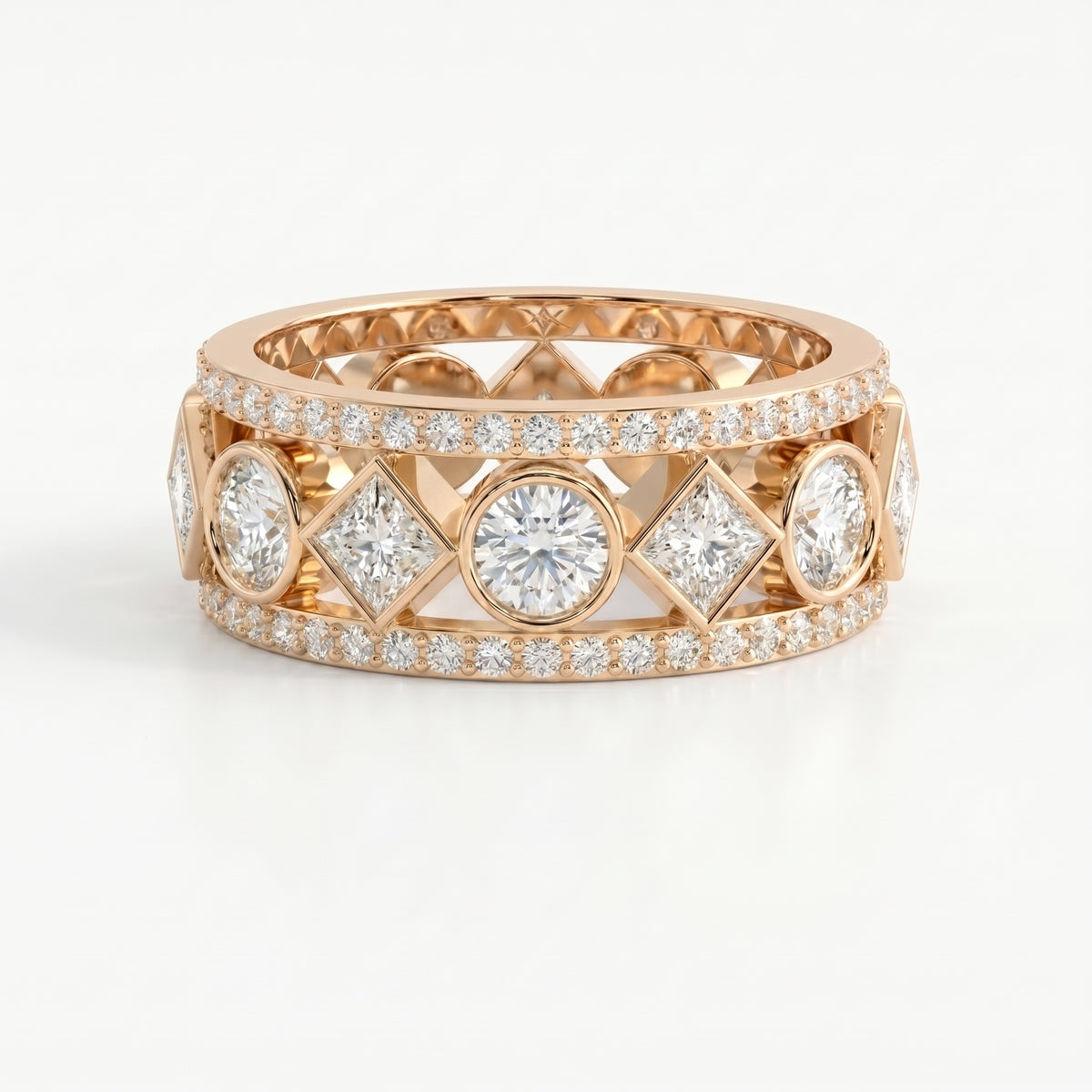 45 degree view of rose gold diamond eternity ring featuring bezel set round diamonds and princess cut stones