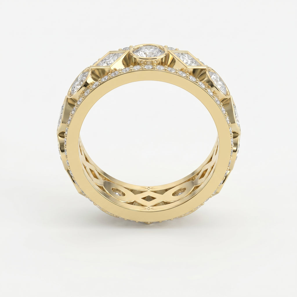 Luxury yellow gold diamond eternity band with round and princess cut diamonds, wide statement ring on white background