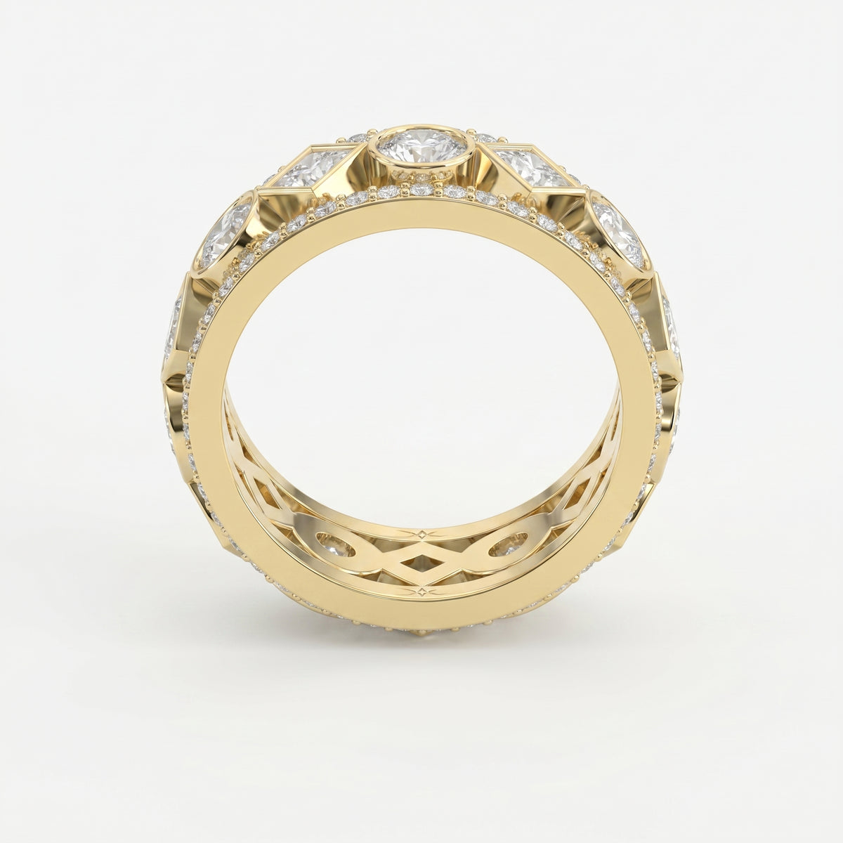 Luxury yellow gold diamond eternity band with round and princess cut diamonds, wide statement ring on white background