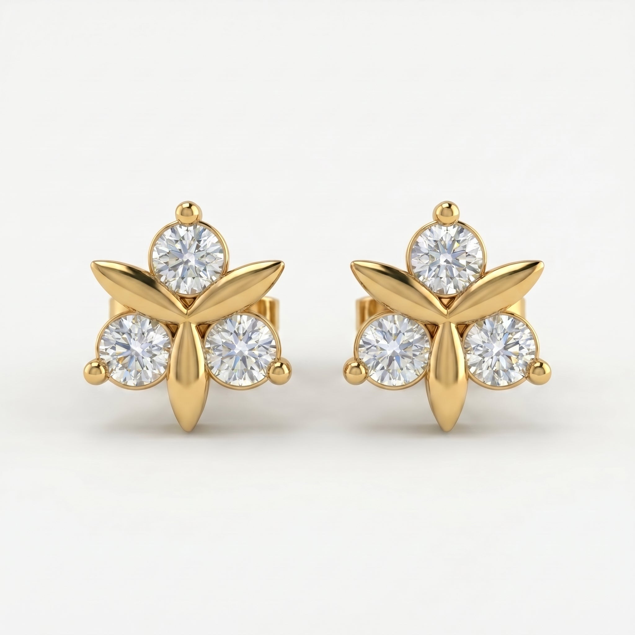 Luxury floral stud earrings flat lay with sparkling stones and minimalist premium jewelry styling