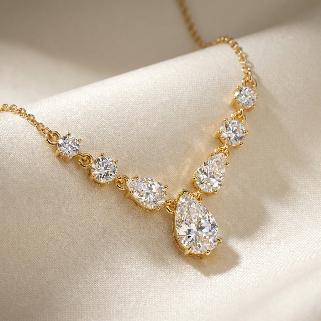 Pear & Round Cut Diamond V-Shape Diamond Pendant Necklace