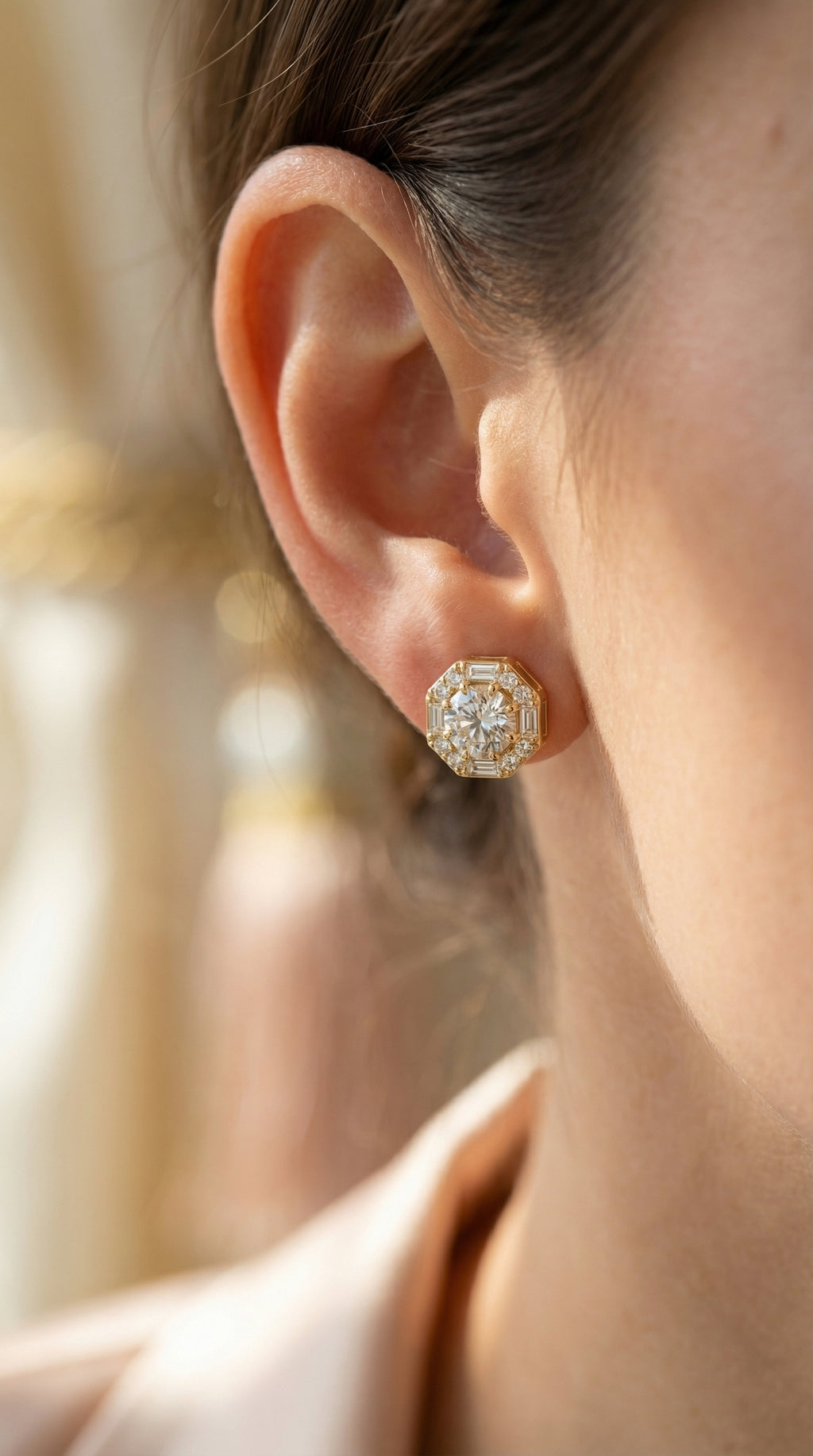 Octagon Halo Diamond Stud Earring