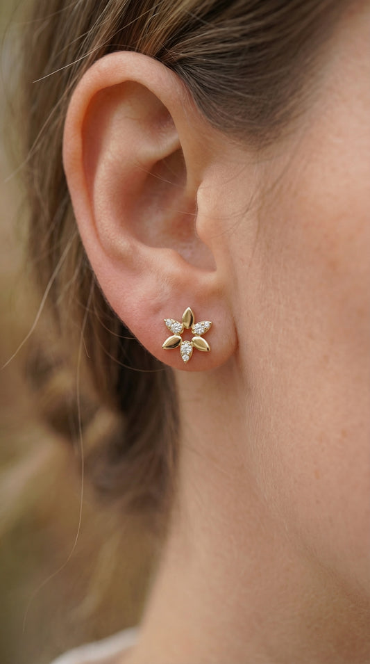 Elegant Leaf Petal Round Diamond Floral Cluster Design Earrings