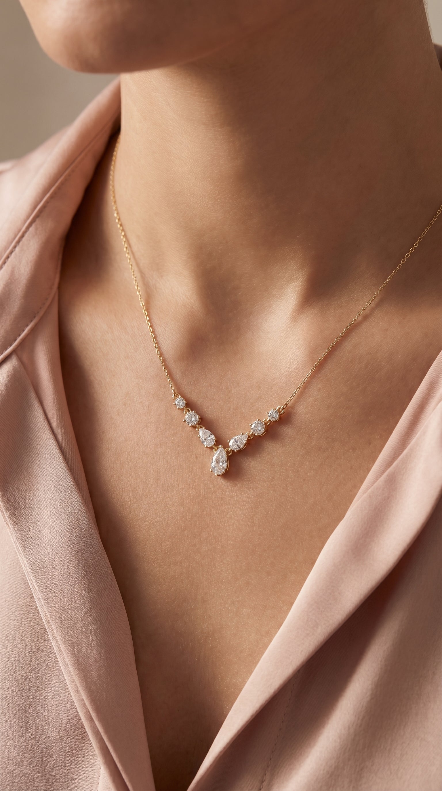 Pear & Round Cut Diamond V-Shape Diamond Pendant Necklace