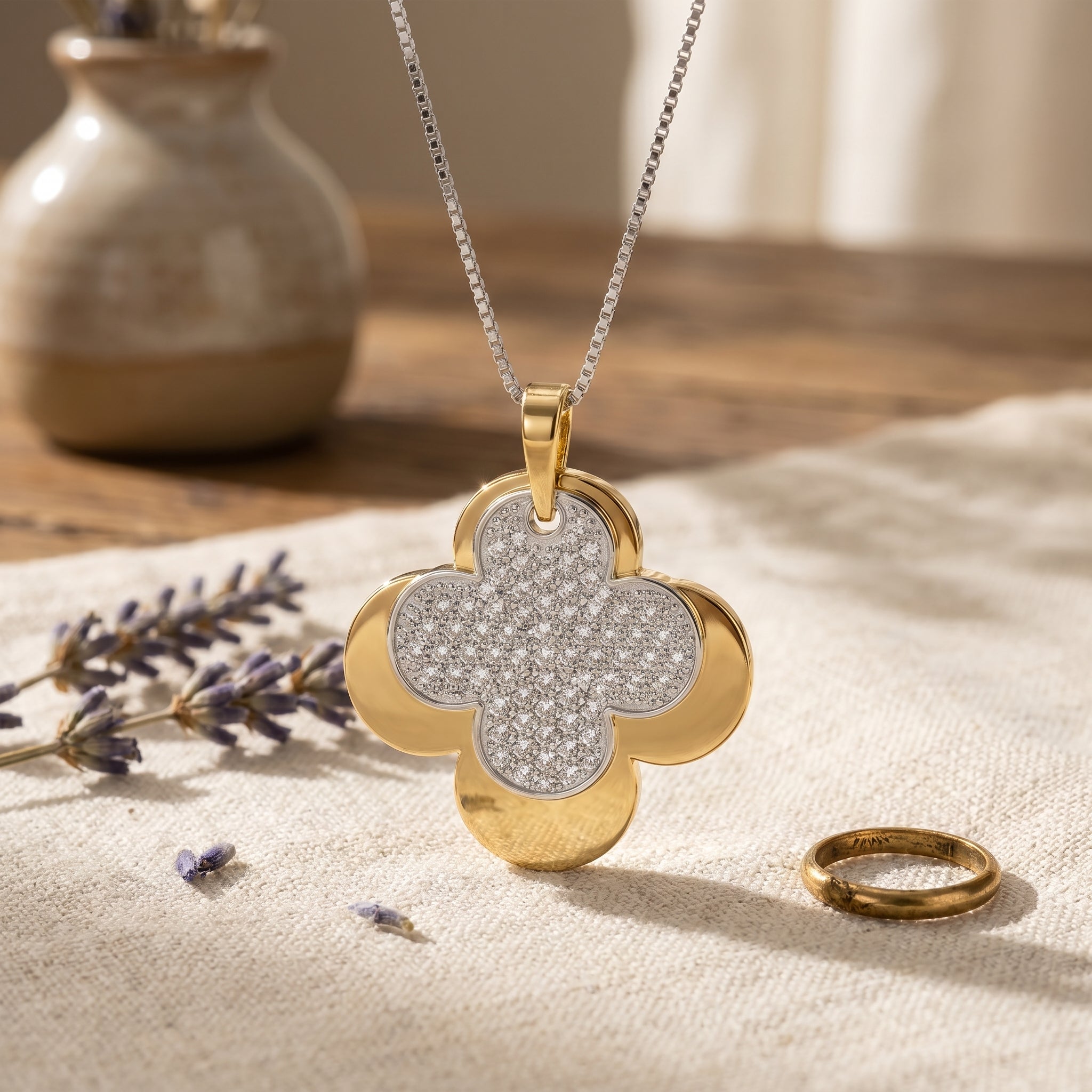 Elegant Pave Two-Tone Clover Diamond Pendant Necklace