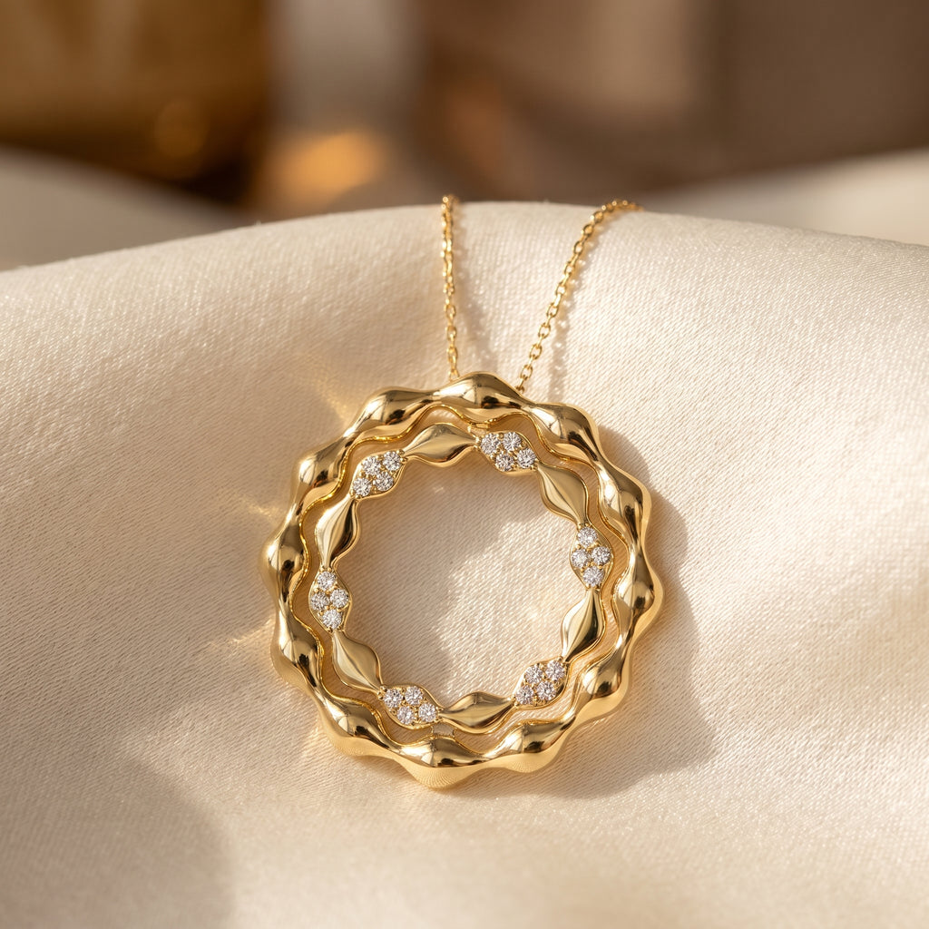 Elegant Diamond Wave Circle Pendant Necklace