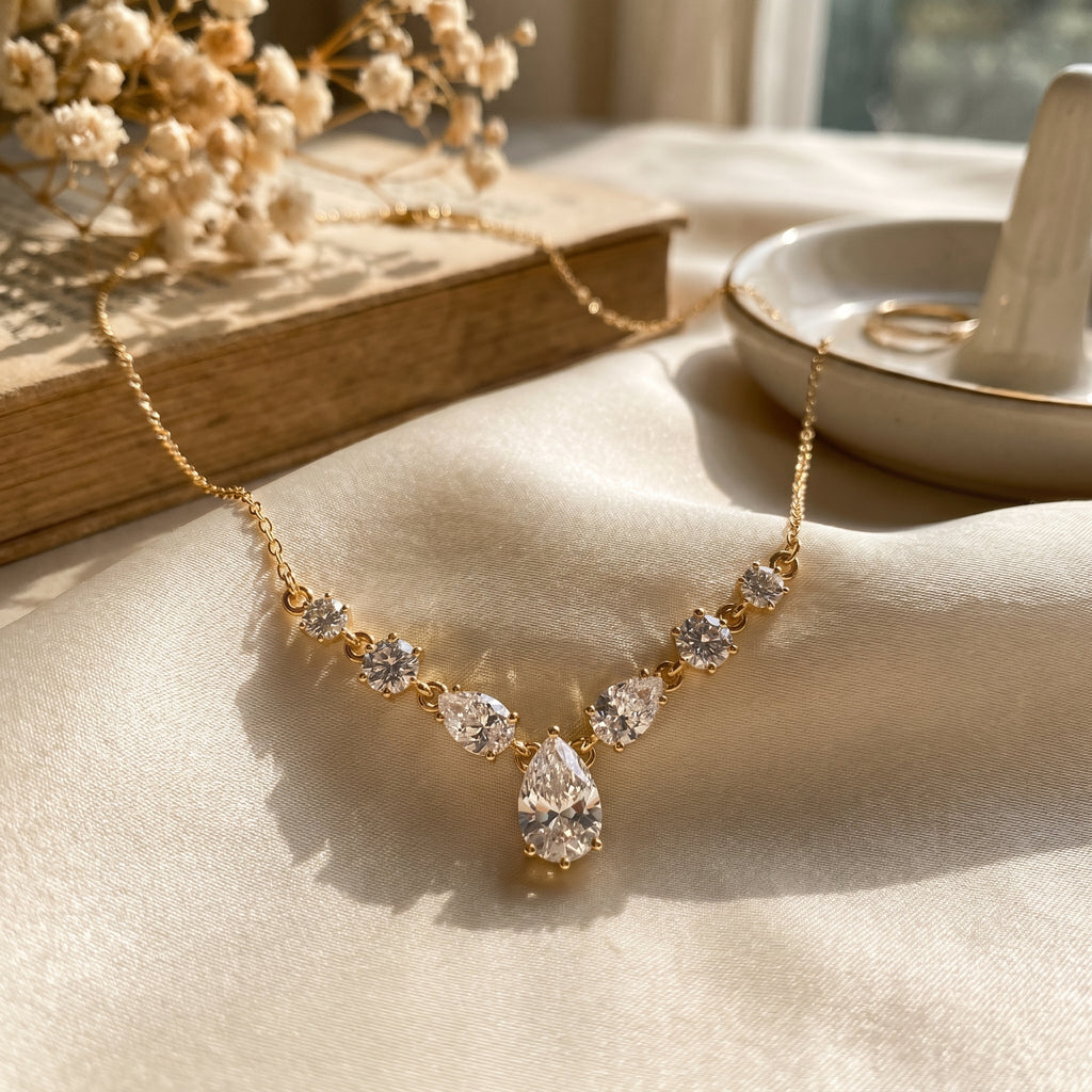 Pear & Round Cut Diamond V-Shape Diamond Pendant Necklace