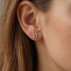 Side profile of geometric diamond stud earrings showing polished rose gold craftsmanship and secure backing