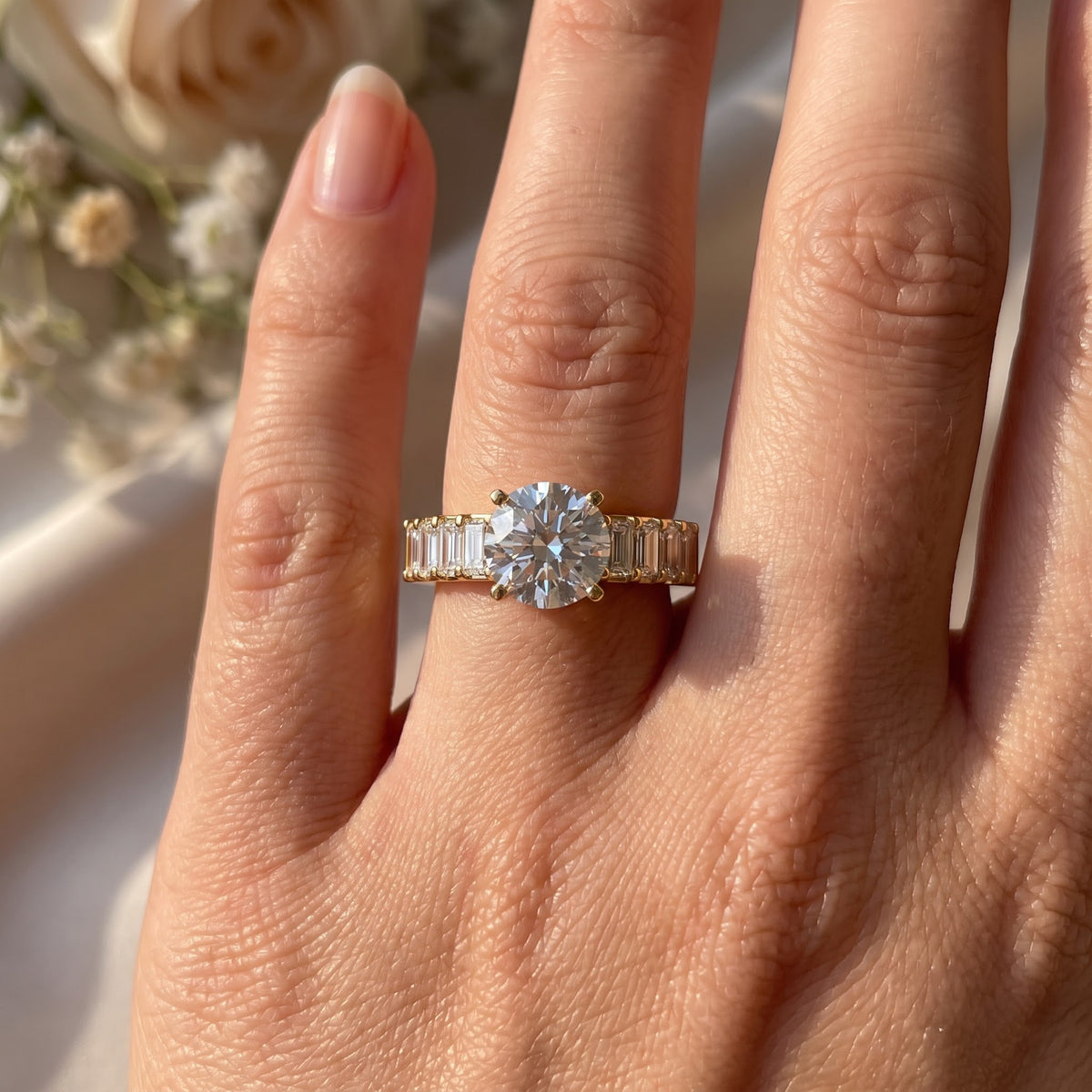 Luxe Radiance Round Brilliant Diamond Side Stone Ring