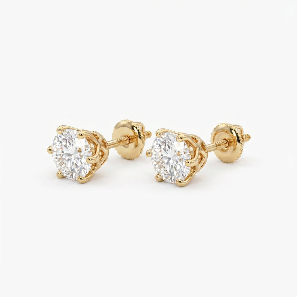 Classic 6 Prong Round Brilliant Diamond Stud Earrings