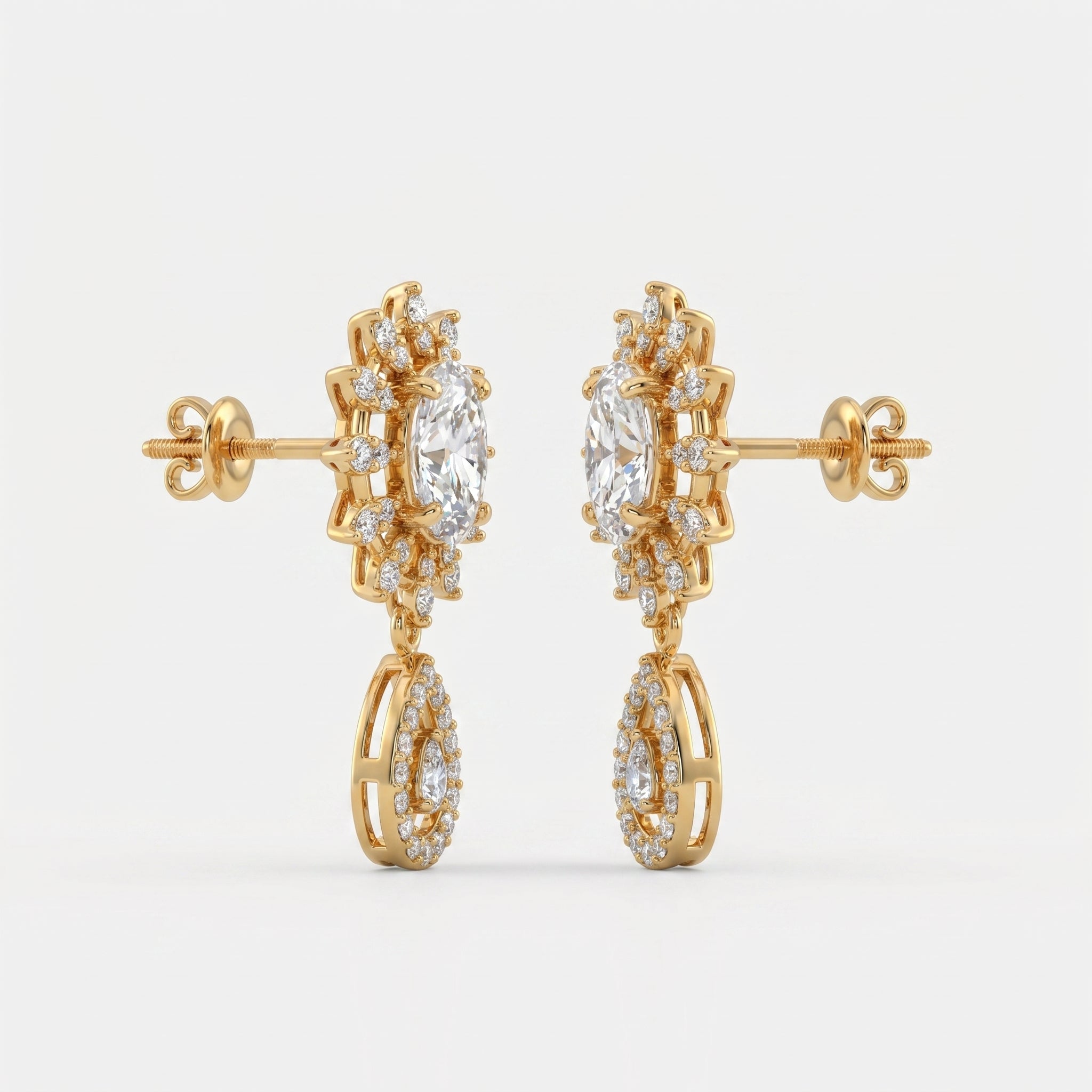 Oval Cut Diamond Sunburst Drop Earrings