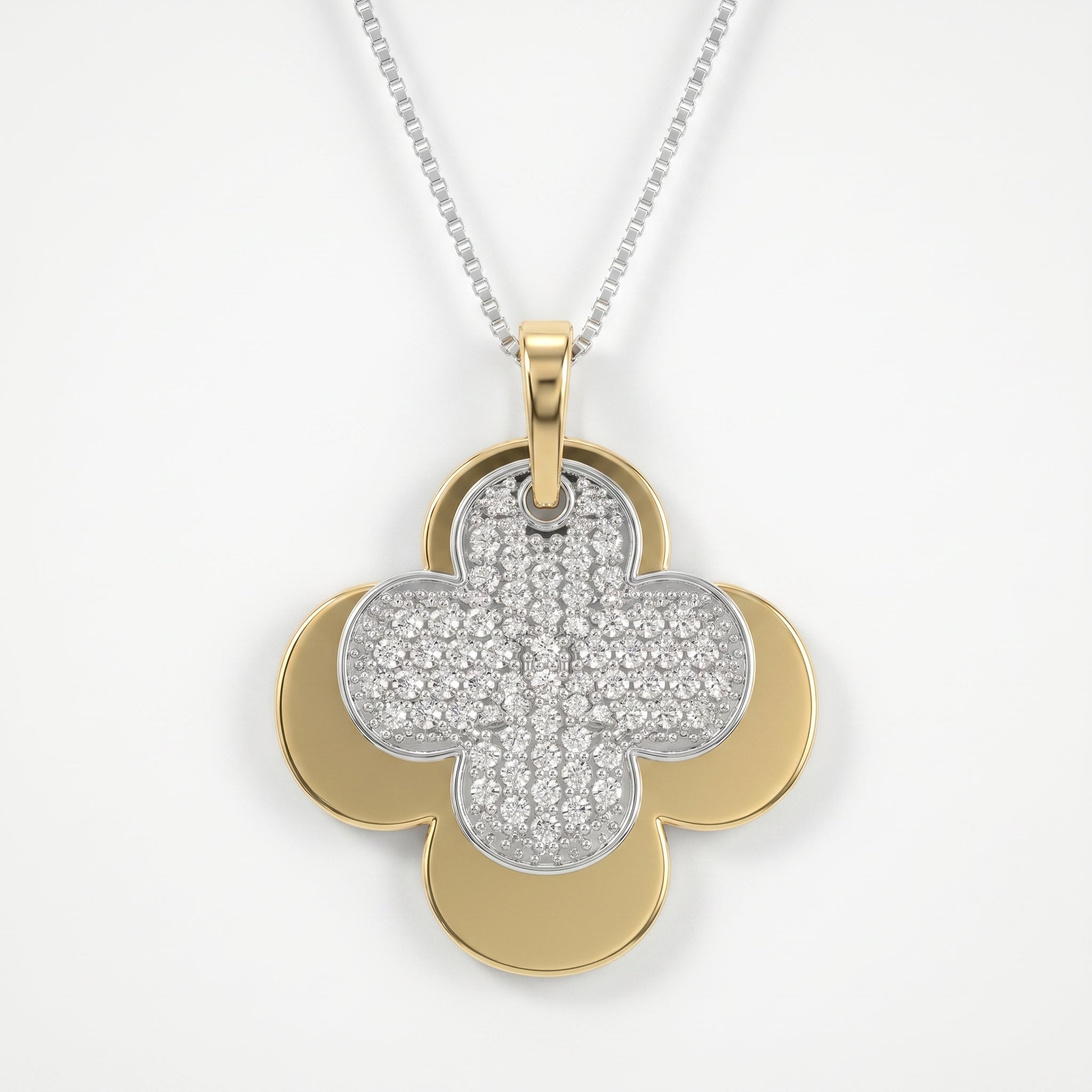 Elegant Pave Two-Tone Clover Diamond Pendant Necklace