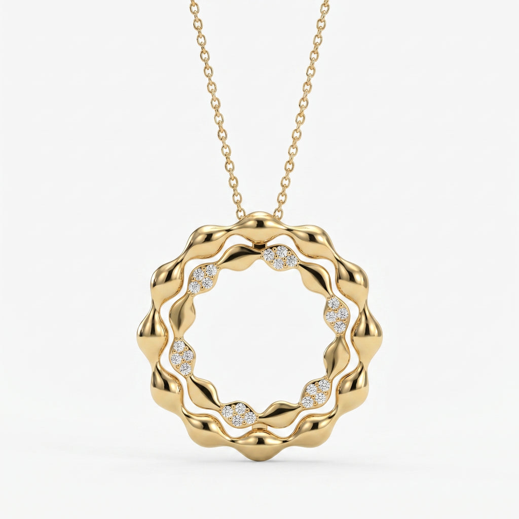 Elegant Diamond Wave Circle Pendant Necklace