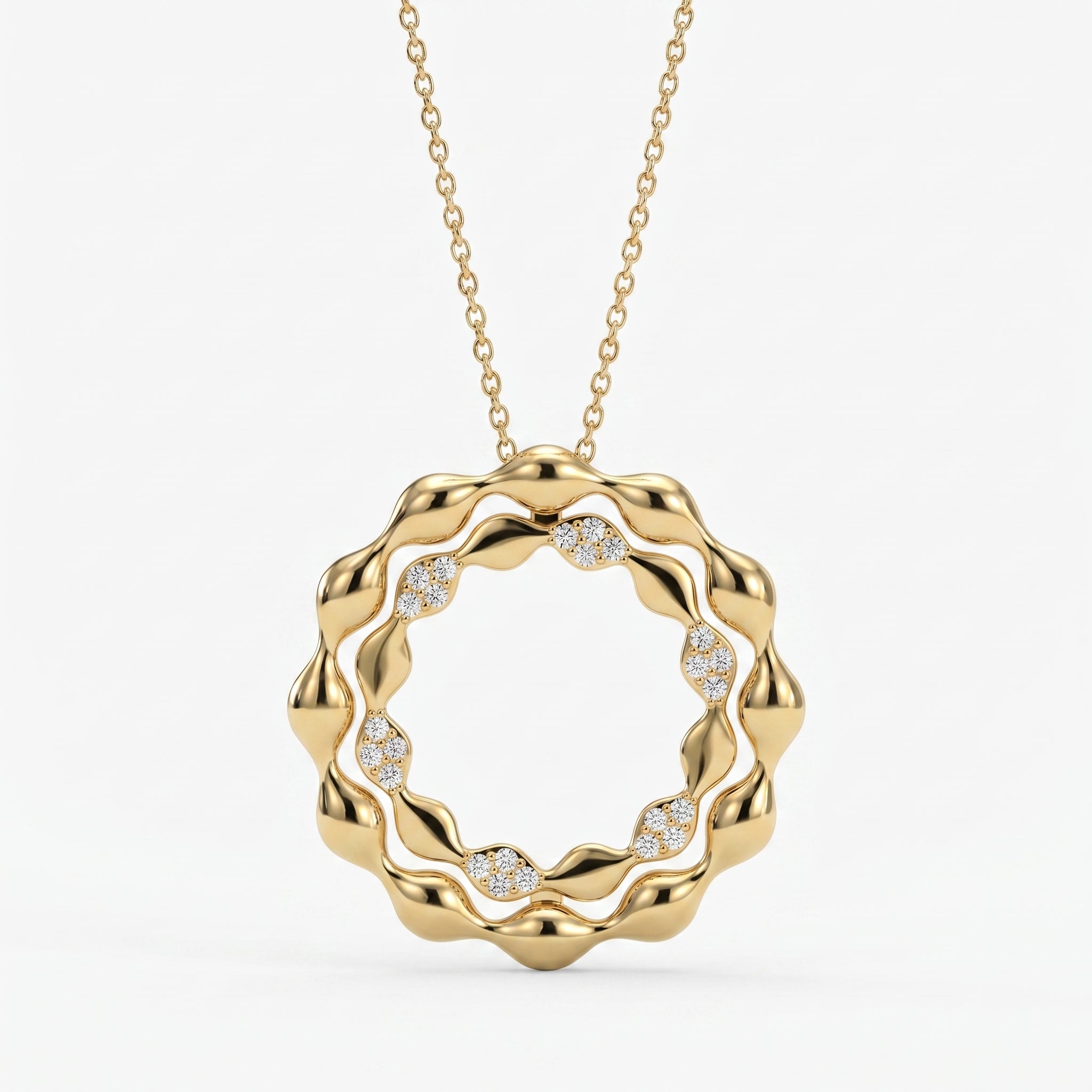 Elegant Diamond Wave Circle Pendant Necklace