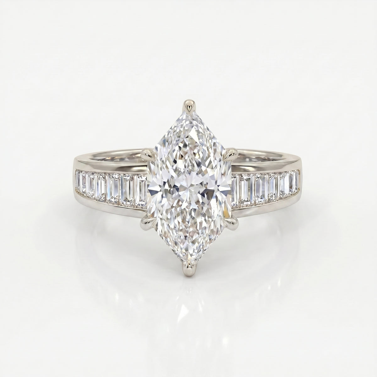 Marquise cut diamond engagement ring with channel set baguette diamond band in polished white gold luxury bridal jewelry