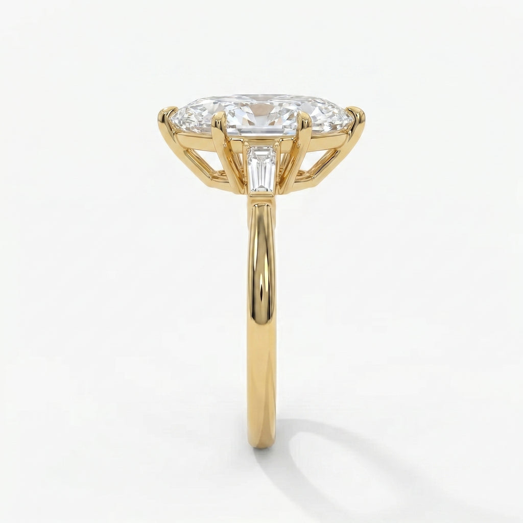 Side profile of marquise diamond engagement ring highlighting elevated basket setting and gold craftsmanship