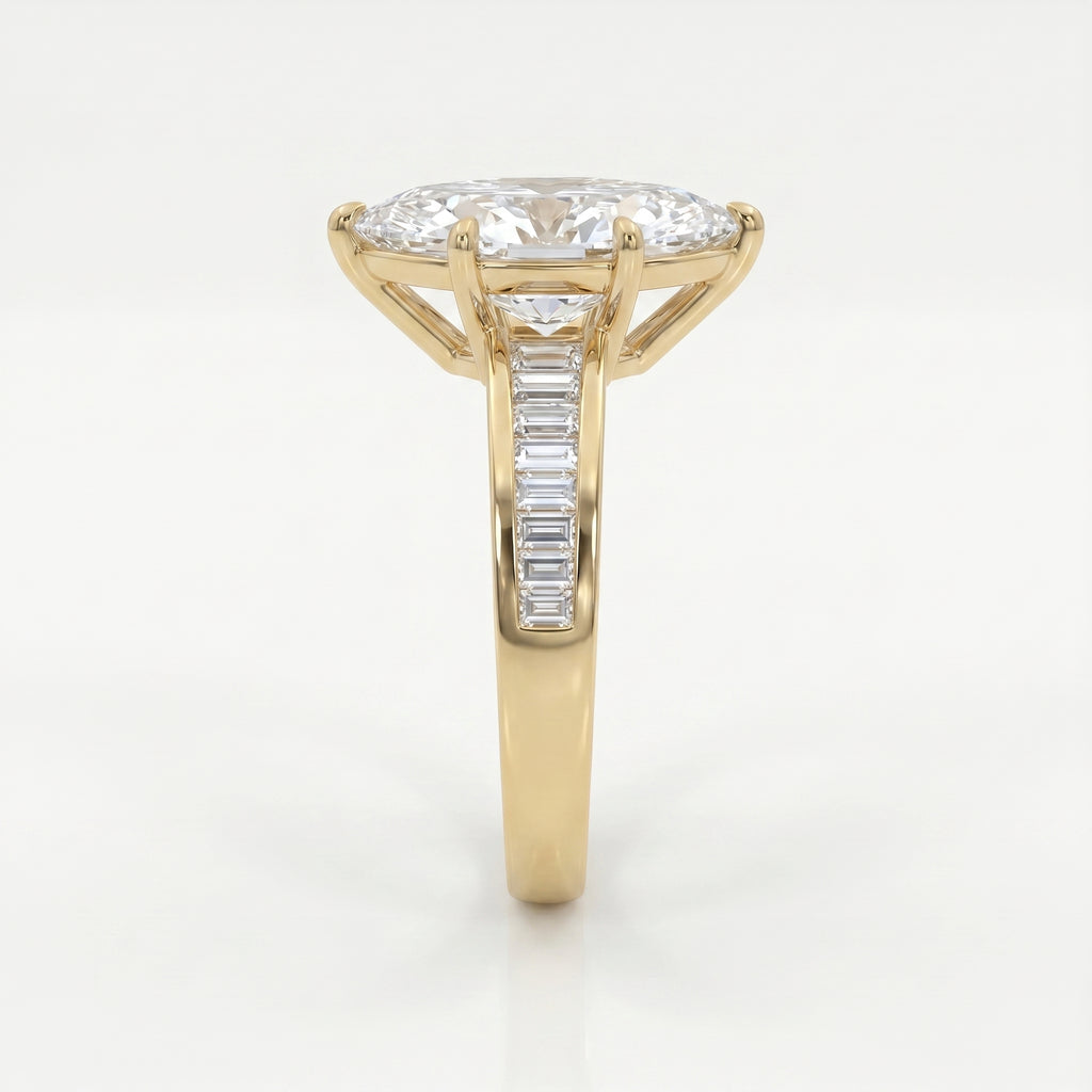 Side profile of yellow gold marquise diamond engagement ring with elevated cathedral setting design
