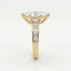 Side profile of yellow gold marquise diamond engagement ring with elevated cathedral setting design