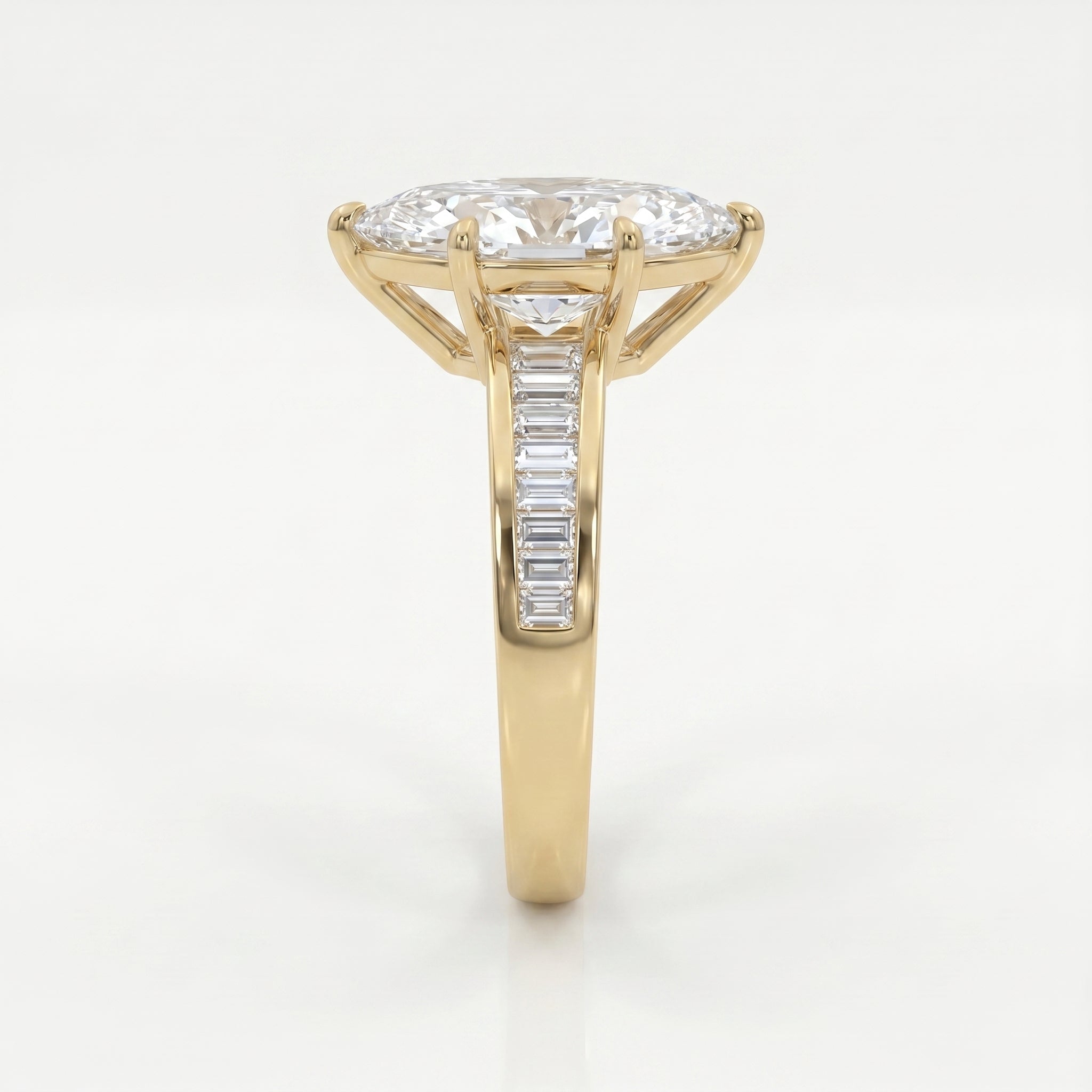 Side profile of yellow gold marquise diamond engagement ring with elevated cathedral setting design