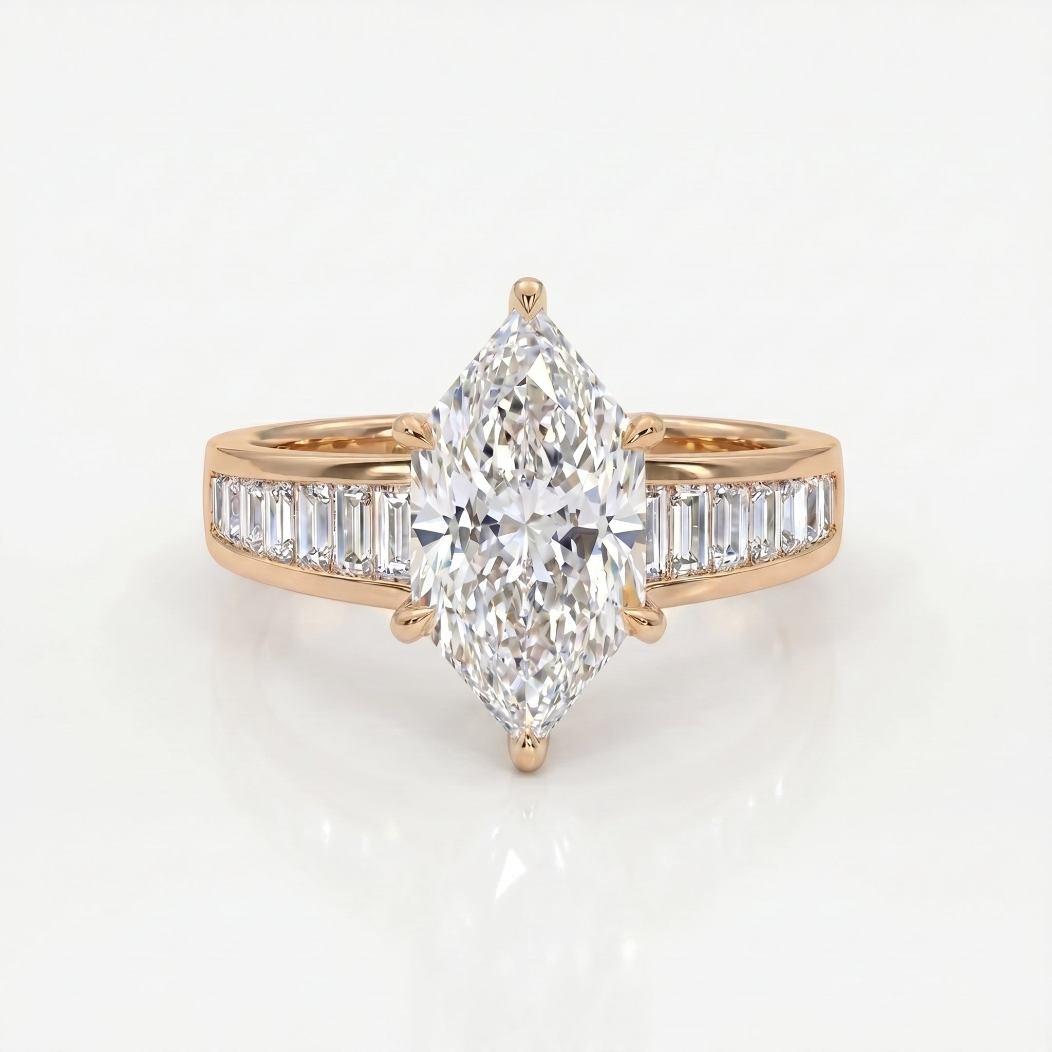 Top view marquise diamond engagement ring highlighting elongated center stone and channel set baguette diamonds
