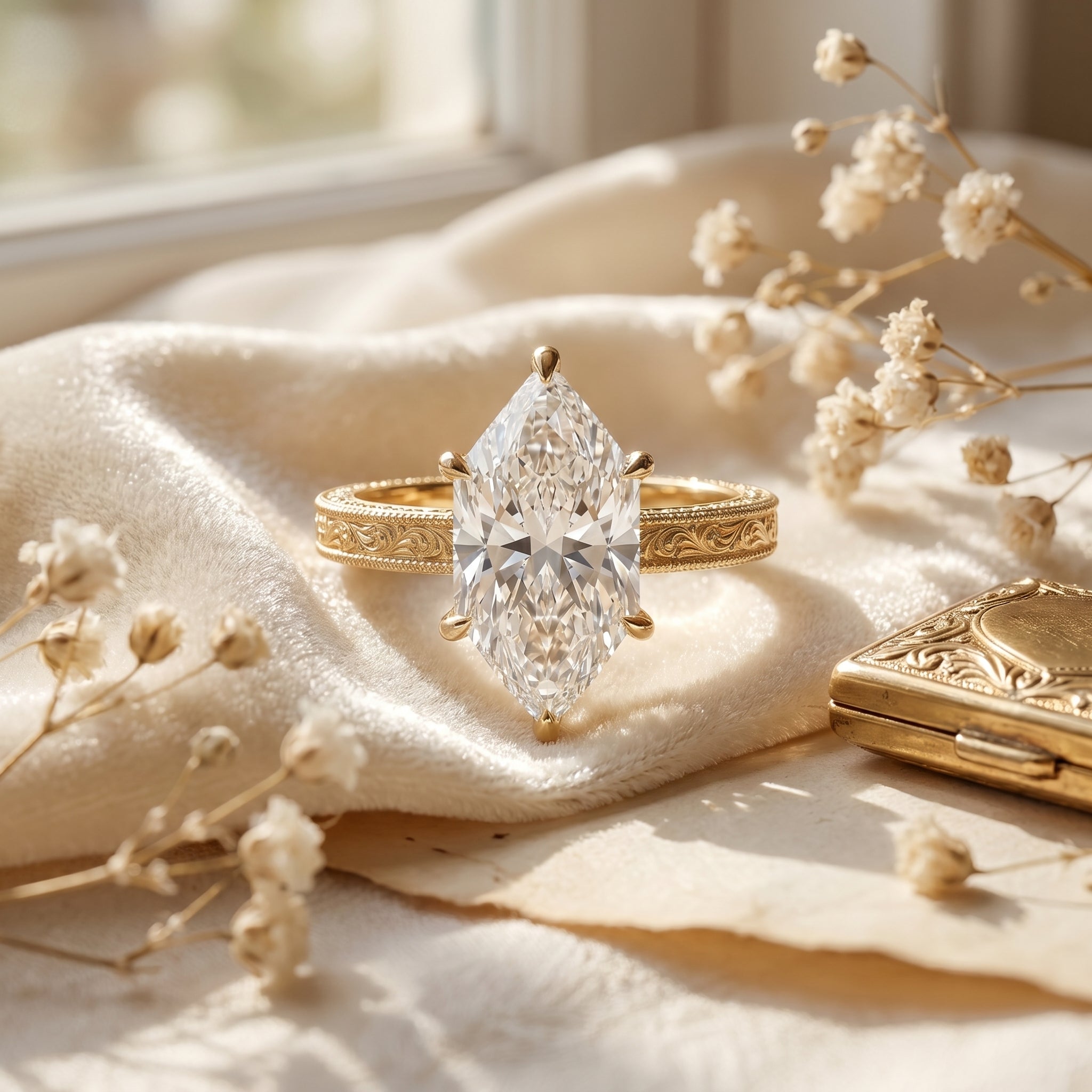 Top view of marquise cut diamond engagement ring with detailed yellow gold vintage band